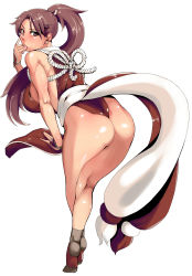 1girl :p ass bad_id bad_pixiv_id bare_shoulders brown_eyes brown_hair fatal_fury kneepits long_hair looking_back pelvic_curtain ponytail revealing_clothes rope saruanu shiranui_mai simple_background snk solo the_king_of_fighters tongue tongue_out rating:Questionable score:34 user:danbooru