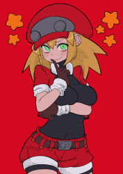  1girl absurdres arm_under_breasts black_bodysuit blonde_hair blush bodysuit breasts buzzlyears cabbie_hat covered_navel cropped_jacket finger_to_mouth glowing green_eyes hat highres jacket looking_at_viewer medium_breasts mega_man_(series) mega_man_legends_(series) open_clothes open_jacket red_hat red_shorts roll_caskett_(mega_man) shorts smile solo star_(symbol) 