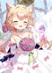  1girl :d ^_^ alloces_(angelic_link) angelic_link animal_ear_fluff animal_ears bare_shoulders bell blue_flower blush bouquet bow braid closed_eyes collarbone detached_sleeves dress facing_viewer flower frilled_dress frills glaze_artifacts gloves hair_between_eyes hair_bun holding holding_bouquet light_brown_hair long_hair long_sleeves open_mouth penis pink_bow pink_flower pink_rose purple_flower rose siera_(sieracitrus) smile solo strapless strapless_dress tail very_long_hair white_dress white_gloves white_sleeves window 