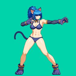1girl abs animal_ears animal_hands aoi_ship bare_shoulders bell bikini blue_eyes blue_hair breasts cat_ears cat_paws cat_tail cleavage earrings extra_ears fake_animal_ears gloves jewelry jingle_bell large_breasts leona_heidern long_hair muscular muscular_female navel paw_gloves pixel_art ponytail simple_background snk snk_heroines:_tag_team_frenzy solo swimsuit tail the_king_of_fighters rating:Sensitive score:10 user:danbooru