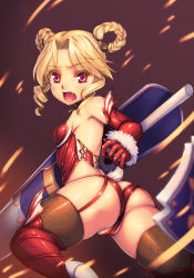  1girl ass bare_back blonde_hair blush braid breasts bustier cameltoe demon_girl ecell elbow_gloves elin fang garter_belt garter_straps gloves highres horns kyojiri_loli lance latex loli long_hair looking_at_viewer looking_back open_mouth panties partially_visible_vulva plump polearm purple_eyes red_panties shield skindentation small_breasts solo tail tears tera_online thick_thighs thighhighs thighs twin_braids twintails underwear underwear_only weapon  rating:Questionable score:157 user:Peropero