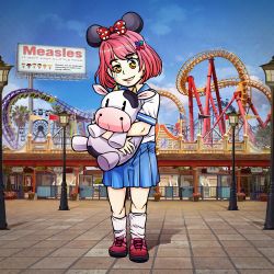  animal_ears bow fang freckles highres hives leg_warmers measles measles-chan mouse_ears pink_hair ponehanon roller_coaster stuffed_animal stuffed_cow stuffed_toy tears theme_park yellow_eyes  rating:Sensitive score:1 user:gobekli