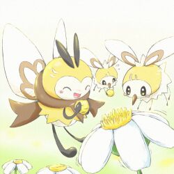  :d ^_^ blush_stickers closed_eyes commentary_request creatures_(company) cutiefly evolutionary_line flower flying_sweatdrops game_freak gen_7_pokemon highres holding kinakomochi_(kazuna922) looking_down nintendo no_humans open_mouth pokemon pokemon_(creature) ribombee smile white_flower 