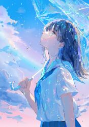  1girl arm_at_side blue_eyes blue_hair blue_neckerchief blue_sailor_collar blue_skirt blue_sky closed_mouth cloud cloudy_sky cowboy_shot crying crying_with_eyes_open day hagimorijia highres holding holding_umbrella long_hair neckerchief original outdoors pleated_skirt rain rainbow sailor_collar shirt short_sleeves skirt sky smile solo streaming_tears tears transparent transparent_umbrella umbrella water_drop white_shirt 