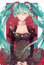  1girl aqua_eyes aqua_hair black_dress border breasts cleavage collar dress frilled_collar frills hair_between_eyes hair_ornament hatsune_miku highres juliet_sleeves kiya long_hair long_sleeves looking_at_viewer medium_breasts own_hands_together parted_lips puffy_sleeves red_background solo star_(symbol) twintails vocaloid  rating:General score:3 user:danbooru