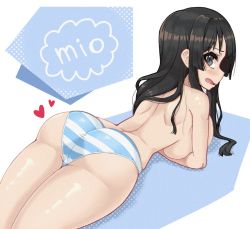 1girl akiyama_mio ass black_eyes black_hair blue_panties blush breasts breasts_squeezed_together curvy frown heart k-on! large_breasts long_hair looking_at_viewer looking_back lying on_stomach open_mouth panties sideboob solo striped_clothes striped_panties thick_thighs thighs topless underwear white_panties young_savage rating:Questionable score:157 user:danbooru