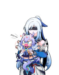  2girls absurdres aepuru_arts anger_vein angry antenna_hair bailu_(honkai:_star_rail) blindfold blue_eyes carrying carrying_person chinese_clothes commentary detached_sleeves dragon_girl dragon_horns dragon_tail english_commentary english_text gourd grey_hair hair_between_eyes highres honkai:_star_rail honkai_(series) horns jingliu_(honkai:_star_rail) long_hair long_sleeves looking_at_viewer multiple_girls purple_hair sidelocks simple_background size_difference skin-covered_horns tail tail_ornament tail_ring waving_arms waving_legs white_background wide_sleeves  rating:General score:12 user:danbooru