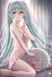 1girl absurdres aqua_eyes aqua_hair commentary csc00014 curtains hand_up hatsune_miku highres huge_filesize long_hair looking_at_viewer nightgown open_mouth parted_lips pink_nightgown pink_socks sitting smile socks solid_circle_eyes solo stuffed_toy twintails very_long_hair vocaloid w wariza rating:Sensitive score:22 user:danbooru