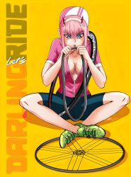  1girl absurdres albyee bicycle bike_shorts breasts darling_in_the_franxx flat_tire green_eyes highres horns pink_hair tire wheel zero_two_(darling_in_the_franxx)  rating:General score:8 user:Freedom_