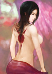  1girl amazon_warrior back back_tattoo black_eyes black_hair blurry boa_hancock branded breasts closed_eyes crying female_focus highres jakuroi large_breasts lips long_hair nipples nude one_piece parted_lips realistic sad simple_background solo tattoo tears 
