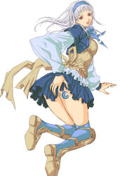  1girl adapted_costume albino ass bad_id bad_pixiv_id blue_footwear boots corset cropped_jacket full_body gensou_suikoden gensou_suikoden_ii hairband knee_boots looking_at_viewer looking_back miniskirt poripuropiren red_eyes short_hair sierra_mikain simple_background skirt smile solo tattoo true_rune white_background white_hair 