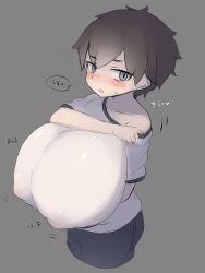  1boy blue_eyes blush bouncing_breasts breasts brown_hair eyes_visible_through_hair gigantic_breasts gym_uniform highres male_with_breasts oppai_shota pittori puffy_areolae shorts simple_background solo standing sweatdrop  rating:Sensitive score:7 user:Aaron86