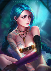  1girl bare_shoulders belt belt_bra blue_hair braid breasts bullet cleavage elbow_gloves female_focus gloves hair_ornament hairclip jewelry jinx_(league_of_legends) league_of_legends lips long_hair looking_to_the_side necklace neoartcore no_bra no_panties signature single_glove sitting solo tattoo twin_braids upper_body very_long_hair yellow_eyes  rating:Sensitive score:122 user:dmysta3000