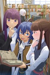  6+girls :d beret black_coat black_serafuku black_wings blue_archive blue_eyes blue_hair blunt_bangs book bookshelf bow brown_cape brown_hair cape coat commentary crossed_bangs crossover doki_doki_literature_club dress english_commentary feathered_wings fern_(sousou_no_frieren) fiona_frost green_eyes grey_jacket grimoire hair_between_eyes halo hand_on_own_chin hat head_wings highres holding holding_book indoors jacket kagari_atsuko koharu_(blue_archive) library little_witch_academia long_hair long_sleeves looking_at_another looking_back luna_nova_school_uniform monika_(doki_doki_literature_club) multiple_crossover multiple_girls mushoku_tensei open_book open_clothes open_coat open_mouth pink_halo pink_skirt pleated_skirt ponytail purple_eyes purple_hair rappa reading red_eyes ribbon roxy_migurdia school_hat school_uniform serafuku shirt sidelocks skirt sleeve_cuffs smile sousou_no_frieren spy_x_family twintails v-shaped_eyebrows wand white_bow white_dress white_ribbon white_shirt winged_hat wings witch 