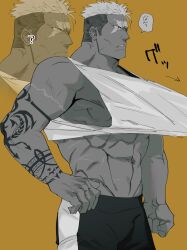 1boy ? bara cowboy_shot cross_scar dark-skinned_male dark_skin fullmetal_alchemist greyscale_with_colored_background highres i_am_muruzo large_pectorals male_focus mature_male muscular muscular_male navel pectorals scar scar_(fma) short_hair shoulder_tattoo sideburns sidepec solo standing stomach tank_top tattoo translation_request tsurime white_hair white_tank_top zoom_layer 