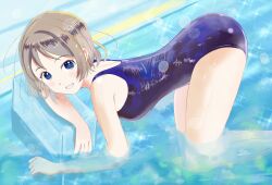  ass bent_over blue_eyes blush brown_hair from_side hinomoto_souya looking_at_viewer love_live! love_live!_sunshine!! pool short_hair smile swimsuit thighs watanabe_you water 