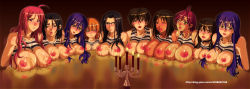 6+girls arms_behind_back bare_shoulders bdsm between_breasts black_hair blush blush_stickers bondage bound breast_rest breasts breasts_out brown_eyes brown_hair candle choker cleavage collarbone covered_erect_nipples female_focus freckles ge_xi glasses gou_song_(ge_xi) highres huge_breasts large_breasts lineup long_hair long_image mole mole_on_breast multiple_girls nipples no_bra one_eye_closed open_mouth orange_hair original pink_eyes pink_hair purple_hair reflection saliva short_hair table tan watermark web_address wet wide_image wince wink xiang-zi_shen_(ge_xi) rating:Questionable score:60 user:danbooru
