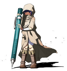  1girl androgynous bandages blue_eyes blue_hair boots holding holding_pencil hood hooded_coat matching_hair/eyes mechanical_pencil mini_person minigirl no_nose oyatsu_(mk2) pencil solo standing sweat white_background  rating:Sensitive score:5 user:jleeson