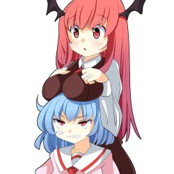 2girls :o anger_vein annoyed bad_id bad_pixiv_id bat_wings blue_hair blush breast_envy breast_rest breasts breasts_on_head brown_dress clenched_teeth demon_girl demon_wings dress head_wings impossible_clothes koakuma large_breasts long_hair long_sleeves multiple_girls no_headwear no_headwear oimo_(imoyoukan) open_mouth pink_dress red_eyes red_hair remilia_scarlet teeth touhou very_long_hair wings rating:Sensitive score:12 user:danbooru