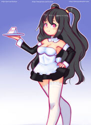  1girl apron bill_(object) black_dress black_hair blue_background blush bow breasts cleavage danbi_(soccer_spirits) detached_collar detached_sleeves drantyno dress gradient_background hand_on_own_hip holding long_hair long_sleeves looking_at_viewer maid maid_apron medium_breasts pink_eyes plate smile soccer_spirits standing strapless strapless_dress thighhighs twintails waist_bow waitress white_thighhighs 