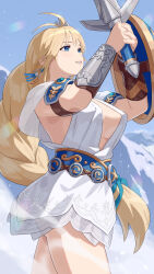  1girl arms_up blonde_hair blue_eyes braid breasts cleavage dress female_focus highres large_breasts legs long_hair mature_female namco no_bra parted_lips pink_lips shield smile solo sophitia_alexandra soul_calibur sword teeth thighs weapon yagi2013 