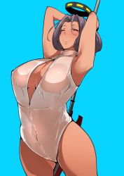 10s 1girl arms_up bad_id bad_pixiv_id blue_background blush breasts cleavage female_focus front_zipper_swimsuit hair_intakes halo highres ironblood kantai_collection large_breasts looking_at_viewer mechanical_halo meme_attire mole mole_under_eye nipples one-piece_swimsuit one_eye_closed polearm purple_hair red_eyes see-through short_hair simple_background smile solo swimsuit takato_kurosuke tan tatsuta_(kancolle) thighs weapon white_one-piece_swimsuit wink rating:Questionable score:82 user:danbooru