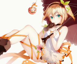 10s 1girl bare_shoulders black_neckwear blonde_hair blush choker commentary_request dress edna_(tales) fengchuilizili gloves green_eyes hair_ribbon hairband hand_on_own_chin leg_ribbon looking_at_viewer normin_(tales) ribbon short_hair side_ponytail single_glove skirt solo tales_of_(series) tales_of_zestiria tress_ribbon umbrella white_dress rating:Sensitive score:5 user:danbooru