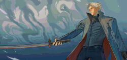  1boy black_gloves blue_coat blue_eyes capcom closed_mouth coat devil_may_cry devil_may_cry_(series) devil_may_cry_4 fingerless_gloves fo_san_da_can_shi gloves hair_slicked_back highres holding holding_sword holding_weapon katana male_focus solo sword vergil_(devil_may_cry) weapon white_hair yamato_(sword) 