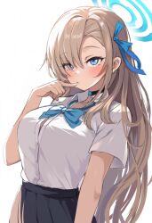  armcho asuna_(blue_archive) black_choker black_skirt blonde_hair blue_archive blue_bow blue_bowtie blue_eyes blue_halo blue_ribbon bow bowtie breasts button_gap choker collared_shirt finger_to_mouth hair_over_one_eye hair_ribbon halo hand_out_of_frame large_breasts light_blush long_hair looking_at_viewer loose_bowtie parted_bangs pleated_skirt ribbon shirt short_sleeves sidelocks skirt standing upper_body very_long_hair white_shirt 
