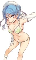 10s 1girl blue_eyes blue_hair blush bra breasts double_bun dutch_angle elbow_gloves gloves hair_bun hand_on_own_thigh hand_on_thigh hat headband kantai_collection looking_at_viewer medium_breasts nagami_yuu navel panties simple_background sketch solo tongue tongue_out underwear underwear_only urakaze_(kancolle) white_background white_bra white_gloves white_hat white_legwear white_panties rating:Questionable score:17 user:danbooru