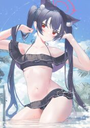  1girl :&lt; absurdres animal_ear_fluff animal_ears arms_up bare_shoulders bikini black_bikini black_hair blue_archive blue_sky blush breasts cat_ears cat_girl closed_mouth collarbone commentary day eru_daydream extra_ears halo highres looking_to_the_side medium_breasts off-shoulder_bikini off_shoulder official_alternate_costume outdoors partially_submerged red_eyes red_halo serika_(blue_archive) serika_(swimsuit)_(blue_archive) signature sky solo swimsuit symbol-only_commentary thighs twintails underboob wet 