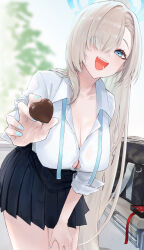  1girl :d ame_(memory_a) asuna_(blue_archive) bag black_skirt blonde_hair blue_archive blue_eyes blue_halo blue_nails blurry blurry_background breasts button_gap buttons candy chocolate chocolate_heart cleavage collarbone collared_shirt commentary cowboy_shot day eyes_visible_through_hair fingernails food hair_over_one_eye halo hand_on_own_leg heart highres holding holding_food incoming_food indoors large_breasts leaning leaning_forward long_hair looking_at_viewer miniskirt nail_polish open_mouth outstretched_hand pleated_skirt school_bag shirt skirt sleeves_rolled_up smile solo standing very_long_hair white_shirt 