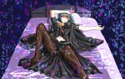  1girl absurdres blue_eyes blue_hair bodice breasts bustier byleth_(female)_(fire_emblem) byleth_(fire_emblem) cape cleavage closed_mouth clothing_cutout fire_emblem fire_emblem:_three_houses hair_between_eyes hand_on_own_face highres large_breasts legs_apart long_hair looking_at_viewer lying medium_hair navel navel_cutout nijiteru nintendo on_back on_bed pantyhose pantyhose_under_shorts patterned_legwear pillow print_pantyhose shorts solo 