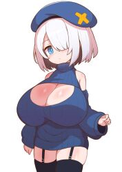  1girl arms_at_sides bare_shoulders black_thighhighs blue_eyes blue_hat blue_sweater blush breasts cleavage cleavage_cutout closed_mouth clothing_cutout dot_nose dress expressionless eyebrows female_focus garter_straps hair_over_one_eye hat huge_breasts long_sleeves looking_at_viewer medium_hair original shortstack shoulder_cutout siglk simple_background solo sweater sweater_dress thighhighs white_background white_hair 
