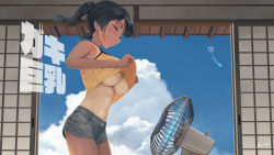 1girl black_hair black_shorts blue_sky breasts camisole camisole_lift closed_eyes clothes_lift cloud day electric_fan highres hot kaedeko_(kaedelic) large_breasts lifted_by_self navel one-piece_tan oppai_loli original sasaki_kanna_(kaedeko) short_hair short_shorts shorts signature sky sliding_doors solo sweat tan tanline thighs twintails underboob yellow_camisole rating:Questionable score:238 user:danbooru