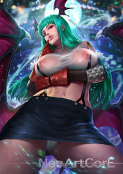 1girl breasts cameltoe cosplay covered_erect_nipples demon_wings final_fantasy final_fantasy_vii from_below green_eyes green_hair head_wings hime_cut huge_breasts long_hair looking_at_viewer matching_hair/eyes midriff morrigan_aensland navel neoartcore nipples panties pantyshot parted_lips see-through shirt solo standing stomach tifa_lockhart tifa_lockhart_(cosplay) underwear vampire_(game) wet wet_clothes wet_shirt white_panties wings rating:Questionable score:70 user:dmysta3000