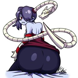 1girl ass blue_hair blue_skin colored_skin detached_sleeves hair_over_one_eye highres huge_ass leviathan_(skullgirls) looking_back red_eyes side_ponytail simple_background skullgirls squigly_(skullgirls) stitched_mouth stitches zombie rating:Sensitive score:52 user:iceguy