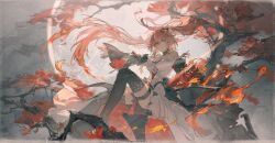  black_bow black_bowtie bow bowtie braid breasts changli_(wuthering_waves) cherry_blossoms detached_sleeves dress fire hair_between_eyes highres large_breasts long_hair mei_ren orange_eyes pink_hair shoulder_tattoo sitting smile tacet_mark_(wuthering_waves) tattoo thigh_strap thighhighs thighs twin_braids white_dress white_hair wuthering_waves 