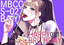  1girl bai_yi_(path_to_nowhere) black_choker blush bra braid breasts cake cake_slice choker commentary commentary_request dated dog_9uk eating english_commentary food food_on_face fork french_braid fruit green_eyes grey_hair happy_birthday holding holding_cake holding_food holding_fork korean_commentary large_breasts long_hair looking_at_viewer open_mouth path_to_nowhere ponytail purple_background purple_bra purple_nails simple_background smile solo strawberry strawberry_shortcake tongue underwear upper_body 
