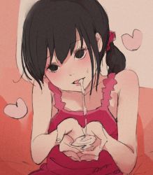 1girl black_eyes black_hair blush cum cum_in_mouth cum_on_body cum_on_hands cum_on_upper_body cum_pool cumdrip cupping_hands dress heart hetero loli looking_at_viewer original otohime_(youngest_princess) own_hands_together ponytail sketch smile solo upper_body  rating:Explicit score:209 user:danbooru