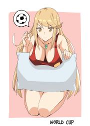  1girl 2018_fifa_world_cup ball bare_shoulders blonde_hair breasts cleavage collarbone half-closed_eyes highres j@ck kneeling large_breasts long_hair mythra_(xenoblade) nintendo pillow soccer soccer_ball swept_bangs tank_top thought_bubble very_long_hair world_cup xenoblade_chronicles_(series) xenoblade_chronicles_2  rating:Sensitive score:25 user:danbooru