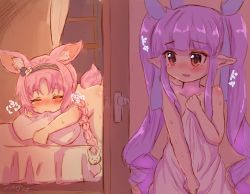 2girls all_fours animal_ear_fluff animal_ears bare_shoulders bed bedroom blush braid caught closed_eyes covering_privates covering_breasts curly_hair door doorway elf female_masturbation heavy_breathing hiding highres hugging_object indoors kyoka_(princess_connect!) loli long_hair masturbation mimi_(princess_connect!) mouth_hold multiple_girls naked_towel ooba_jun open_door open_mouth pillow pillow_hug pink_hair pointy_ears princess_connect! purple_hair rabbit_ears rabbit_tail red_eyes tail tears towel twin_braids twintails very_long_hair white_towel rating:Explicit score:141 user:danbooru