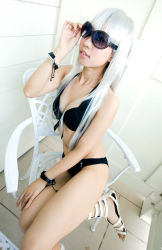  bikini black_bikini bracelet cosplay granado_espada jewelry photo_(medium) sandals scout sunglasses swimsuit white_hair  rating:Questionable score:11 user:pentor103