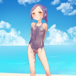1girl arms_behind_back beach blush bodypaint cleft_of_venus cloud cloudy_sky day female_focus flat_chest highres horizon loli looking_at_viewer naked_paint navel nipples nude ocean orange_eyes original outdoors painted_clothes ponytail purple_eyes pussy sky smile solo sweat water yamada_(gotyui) rating:Explicit score:223 user:ponekad