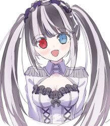  1girl breasts clock_eyes date_a_live date_a_live:_date_a_bullet dress empty_(date_a_live) epaulettes frilled_hairband frills hairband heterochromia higoromo_hibiki looking_at_viewer medium_breasts multicolored_hair open_mouth smile symbol-shaped_pupils tokisaki_kurumi twintails two-tone_hair utakise315 white_dress 