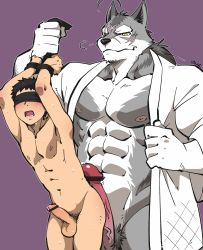  2boys abs blindfolded blush erection furry grin highres interspecies large_penis multiple_boys nude penis restrained shirako_(artist) size_difference smile tokyo_houkago_summoners yaoi  rating:Explicit score:47 user:harucho