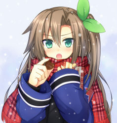  10s 1girl blush brown_hair candy chocolate chocolate_heart coat food fuji_kakei gift green_eyes hair_between_eyes hair_ribbon heart holding holding_gift if_(neptunia) long_hair long_sleeves looking_at_viewer neptune_(series) open_mouth plaid plaid_scarf ribbon scarf side_ponytail snowing solo tsurime upper_body valentine  rating:Sensitive score:19 user:danbooru