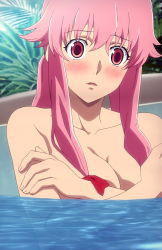  1girl blush breasts covering_privates covering_breasts female_focus gasai_yuno highres mirai_nikki pink_eyes pink_hair plant screencap solo surprised topless_frame upper_body water  rating:Questionable score:62 user:karasso