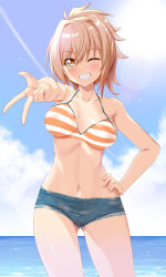  1girl bikini blonde_hair blue_shorts bodypaint breasts bunji collarbone grin hand_on_own_hip highres large_breasts looking_at_viewer love_live! love_live!_nijigasaki_high_school_idol_club medium_hair micro_shorts miyashita_ai navel one_eye_closed outdoors painted_clothes ponytail shorts smile solo standing stomach striped_bikini striped_clothes swimsuit teeth yellow_eyes  rating:Questionable score:40 user:danbooru
