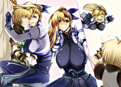  00s 1boy 1girl bad_anatomy blonde_hair blush breasts fingerless_gloves gloves green_eyes heterochromia huge_breasts impossible_clothes large_breasts long_hair lyrical_nanoha magical_boy mahou_shoujo_lyrical_nanoha mahou_shoujo_lyrical_nanoha_strikers md5_mismatch ponytail poorly_drawn red_eyes resolution_mismatch ribbon skin_tight source_larger time_paradox vivio waist_cape yuuichi_(eunoxline) yuuichi_(libertyfeather) yuuno_scrya 